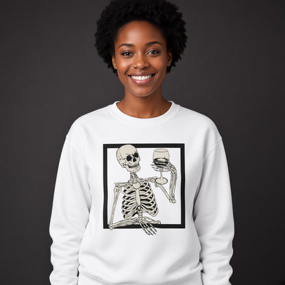 Skull with a glass in a square sweatshirt, funny sweatshirt, graphic shirts, unisex tshirt, printed sweatshirt