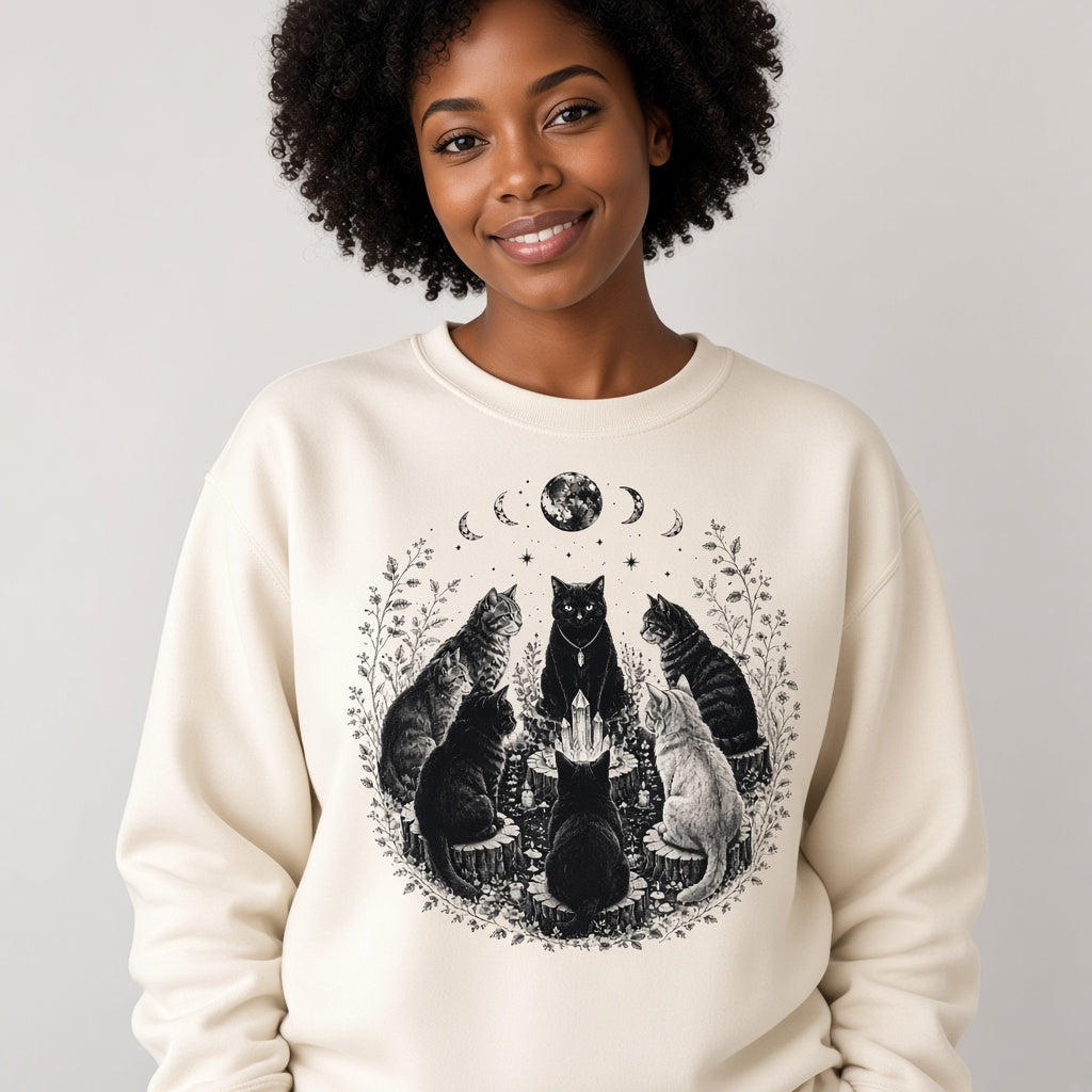 Mystical Black Cat Sabbath Sweatshirt with Moon Phases