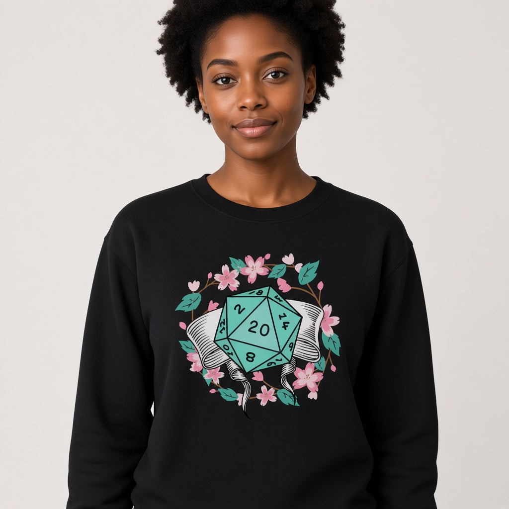 Floral D20 Dice Sweatshirt with Cherry Blossoms for RPG