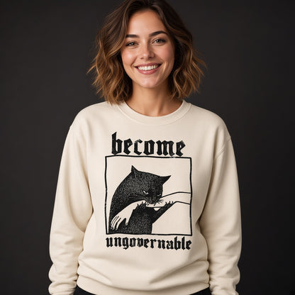 Sweatshirt with a Funny Print Become Ungovernable: Cat Biting a Hand, Vintage Print