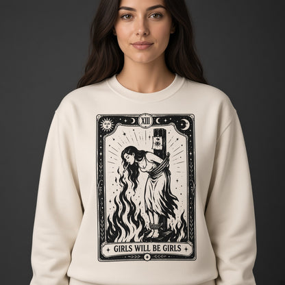 Girls Will Be Girls Witch With Cigarette Feminist Halloween Women's Rights Sweatshirt
