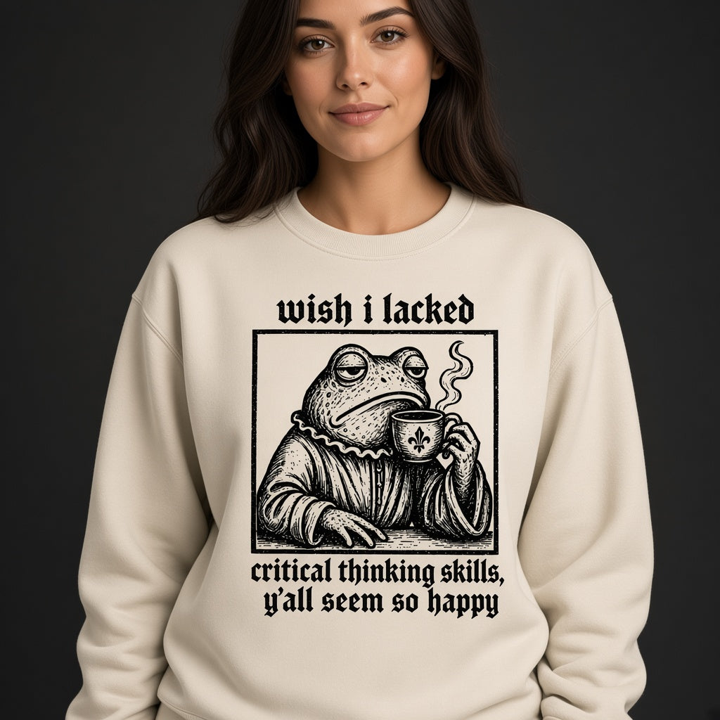 Funny Frog Coffee Sweatshirt with a Critical Thinking Joke