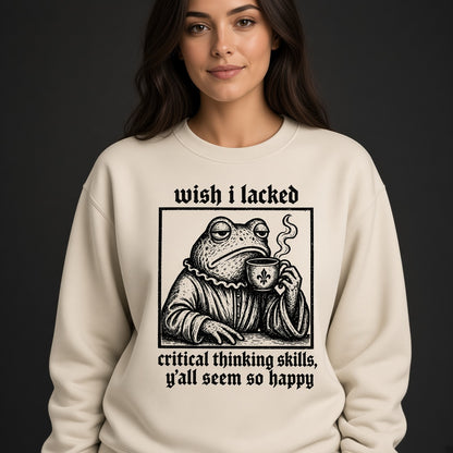 Funny Frog Coffee Sweatshirt with a Critical Thinking Joke