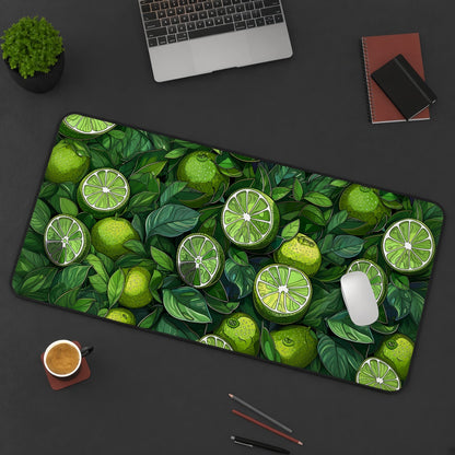 Green Lime and Tropical Leaf Illustration Desk Mat