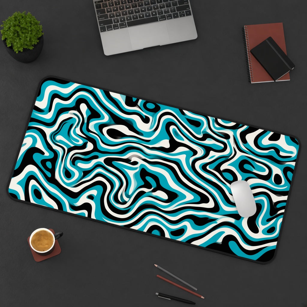 Teal Black and Cream Liquid Wave Abstract Desk Mat