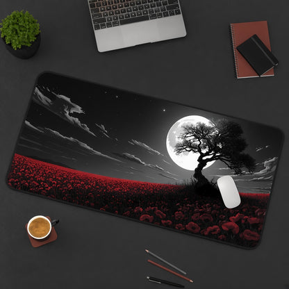Lone Tree and Red Flowers under a Full Moon Desk Mat