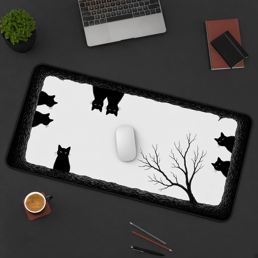 Black Cats in a Hollow Tree Desk Mat