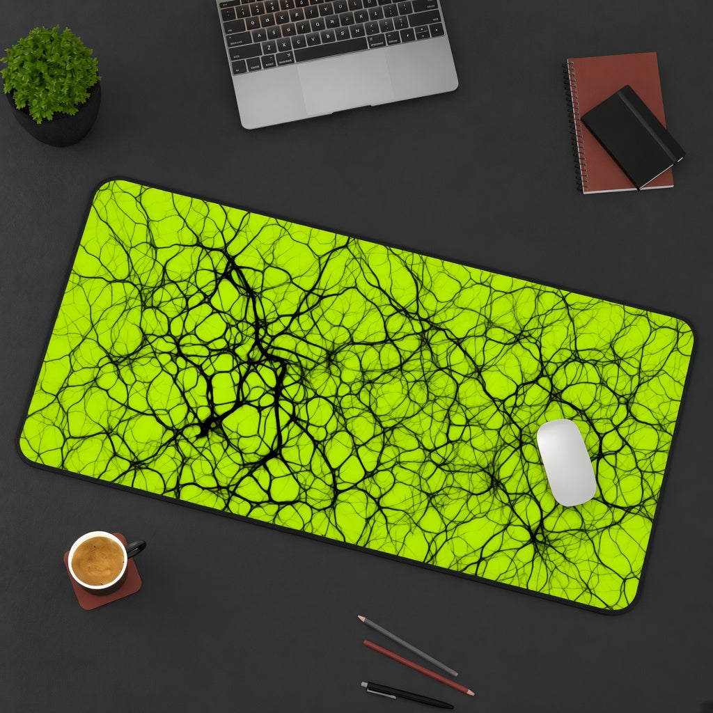 Neon Yellow and Black Neural Web Abstract Desk Mat