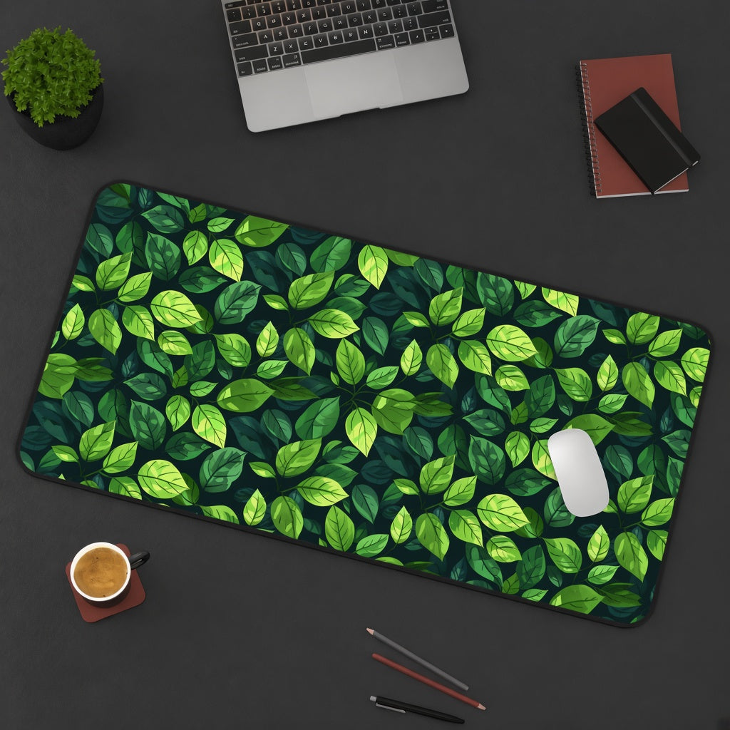 Illustrated Green Leaves on a Dark Desk Mat