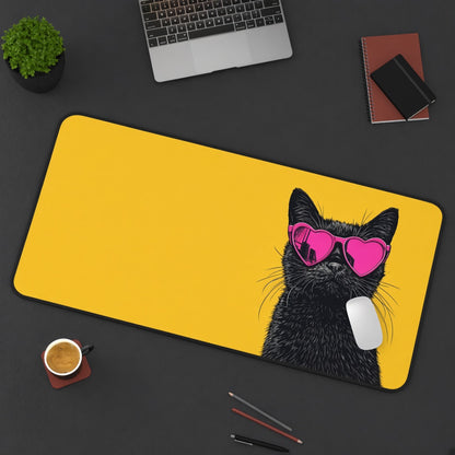 Cool Black Cat in Pink Heart Sunglasses Desk Mat