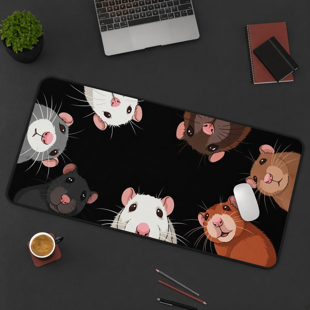 Cute Rats Peeking In on a Black Desk Mat