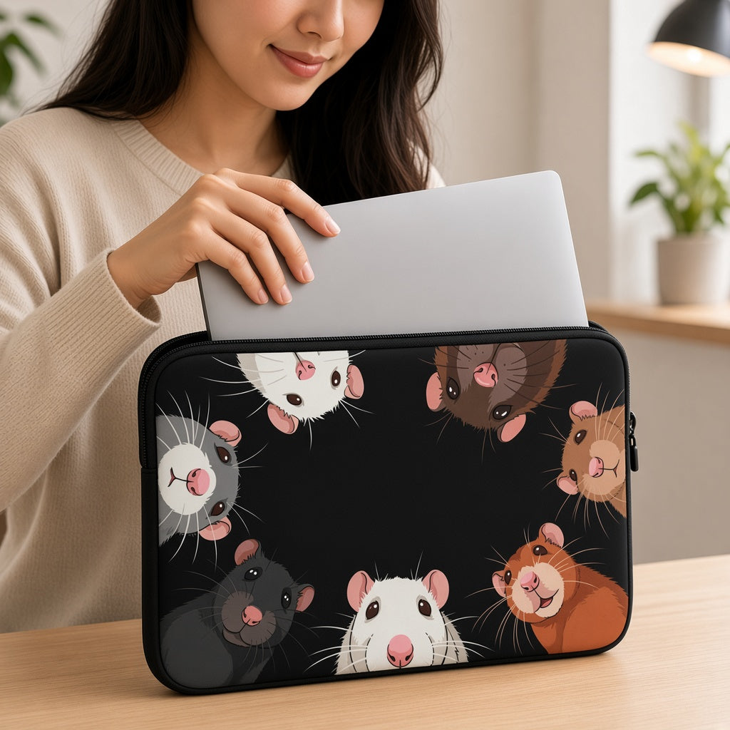 Cute Rats Peeking In on a Black Laptop Sleeve