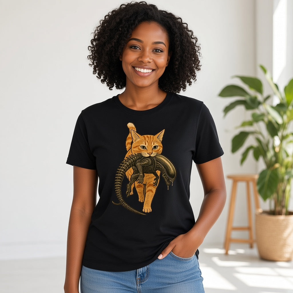 Funny Orange Cat Carrying an Alien Space Monster T-Shirt