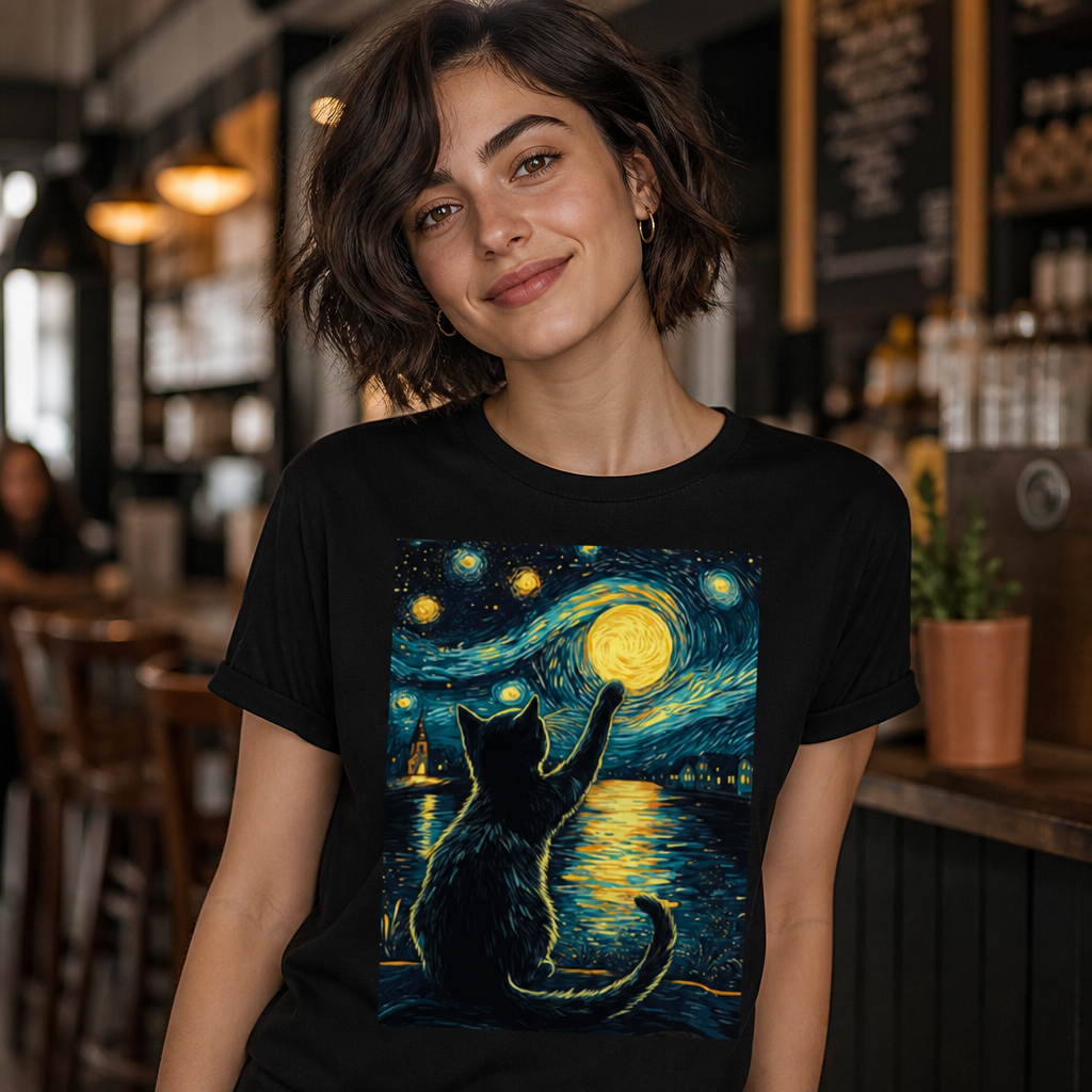 Starry Night with a Cat: Vincent van Gogh Style T-Shirt