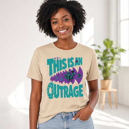 This Is an Outrage Funny Grumpy Cat Riding a T-Rex T-Shirt