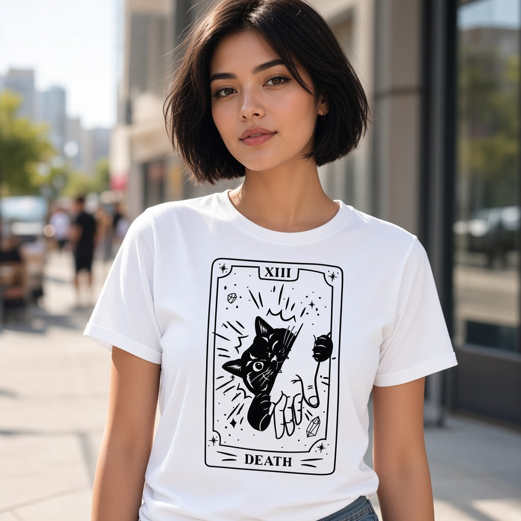 Funny Death Tarot T-Shirt with a Black Cat