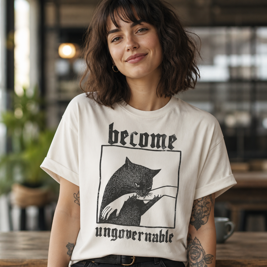 T-Shirt with a Funny Print Become Ungovernable: Cat Biting a Hand, Vintage Print
