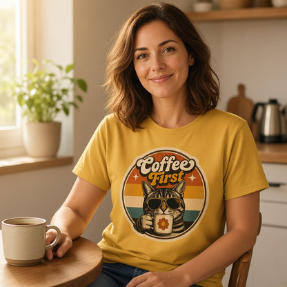Woman wearing a yellow Coffee First Retro Cat T-Shirt at home