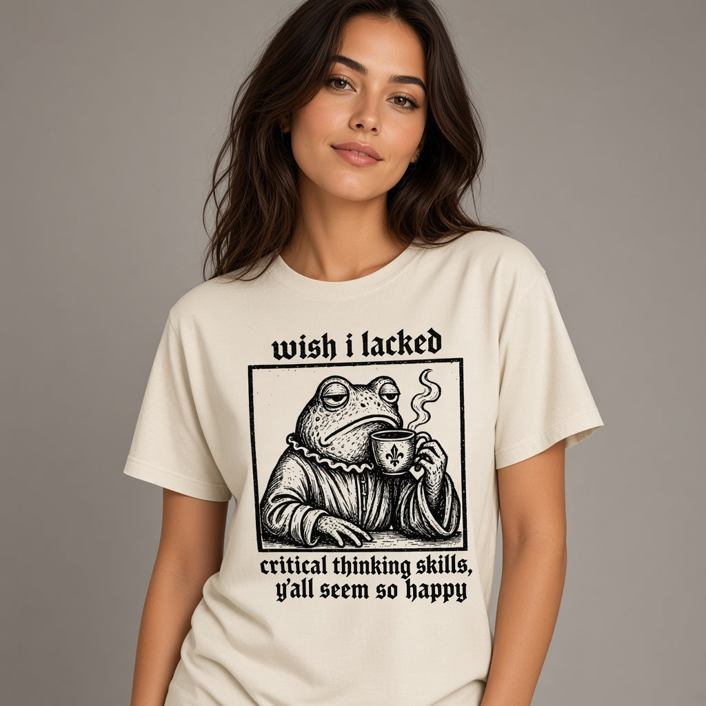 Funny Frog Coffee T-Shirt with a Critical Thinking Joke