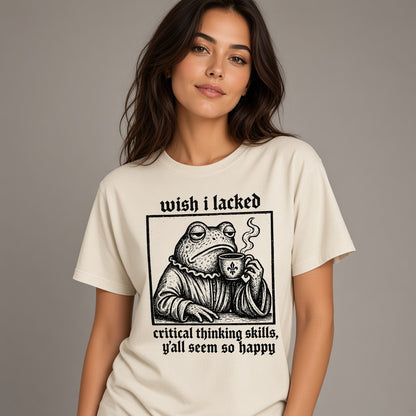 Funny Frog Coffee T-Shirt with a Critical Thinking Joke