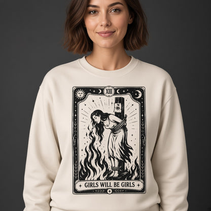 Girls Will Be Girls Witch With Cigarette Feminist Halloween Women's Rights Sweatshirt