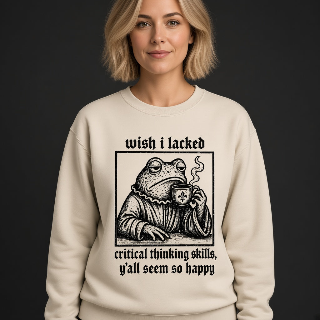 Funny Frog Coffee Sweatshirt with a Critical Thinking Joke