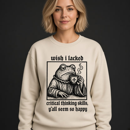 Funny Frog Coffee Sweatshirt with a Critical Thinking Joke