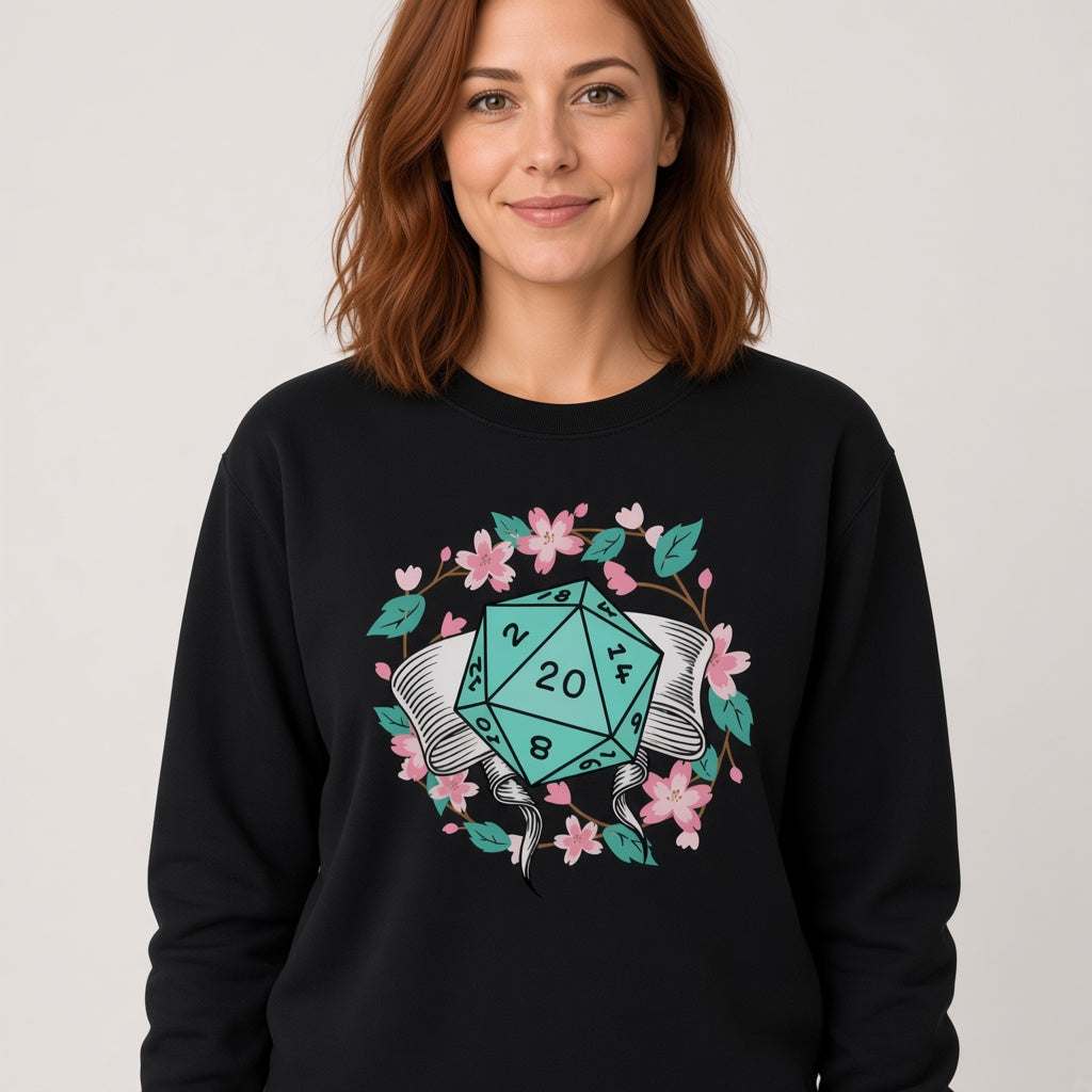 Floral D20 Dice Sweatshirt with Cherry Blossoms for RPG