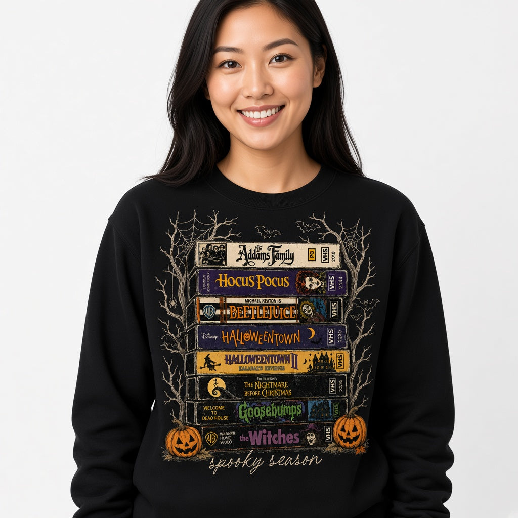 Spooky Season Halloween VHS Movie Stack Sweatshirt