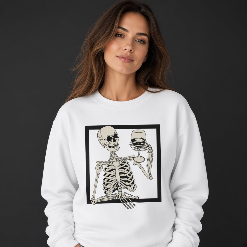 Skull with a glass in a square sweatshirt, funny sweatshirt, graphic shirts, unisex tshirt, printed sweatshirt