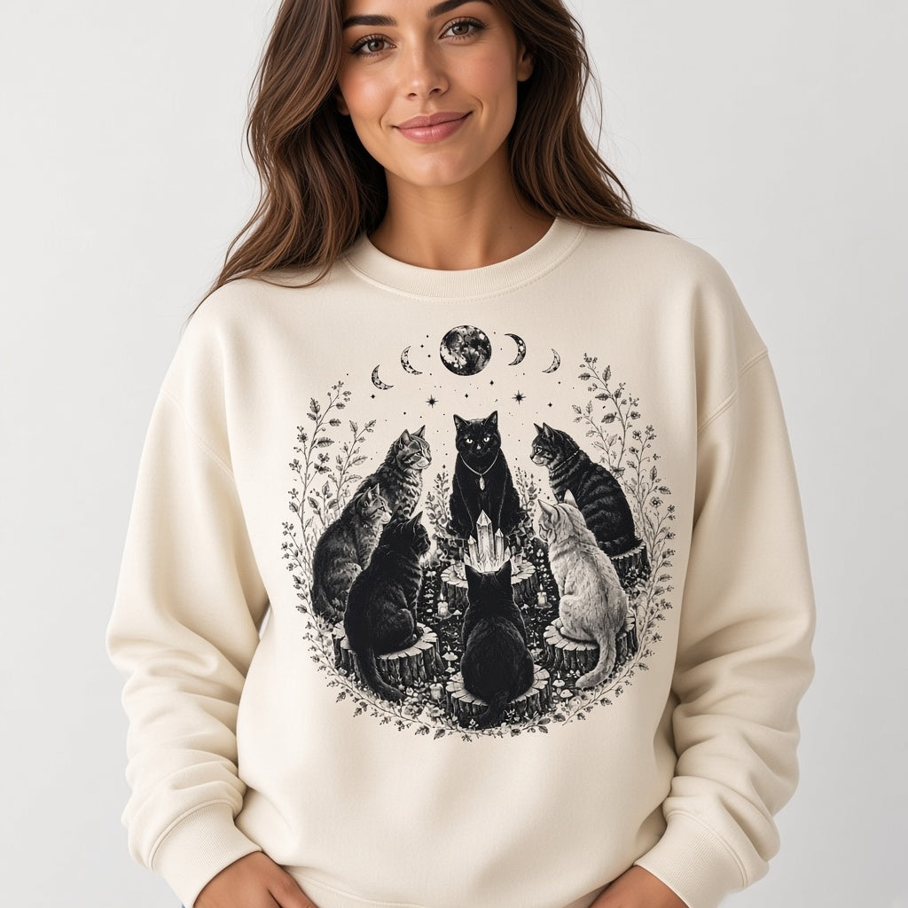 Mystical Black Cat Sabbath Sweatshirt with Moon Phases