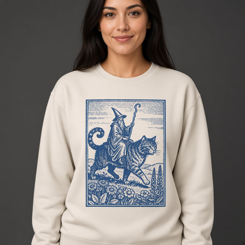 Wizard Cat Rider Retro Fantasy Graphic Print Sweatshirt