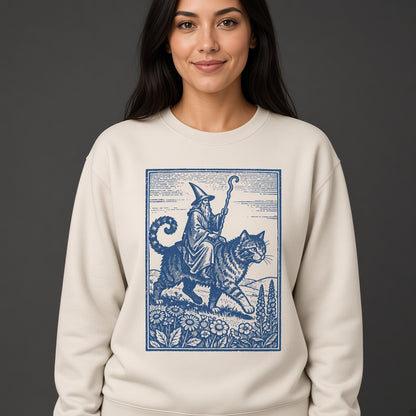 Wizard Cat Rider Retro Fantasy Graphic Print Sweatshirt
