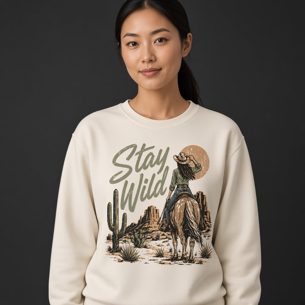 Stay Wild Western Sweatshirt with Cowboy Print