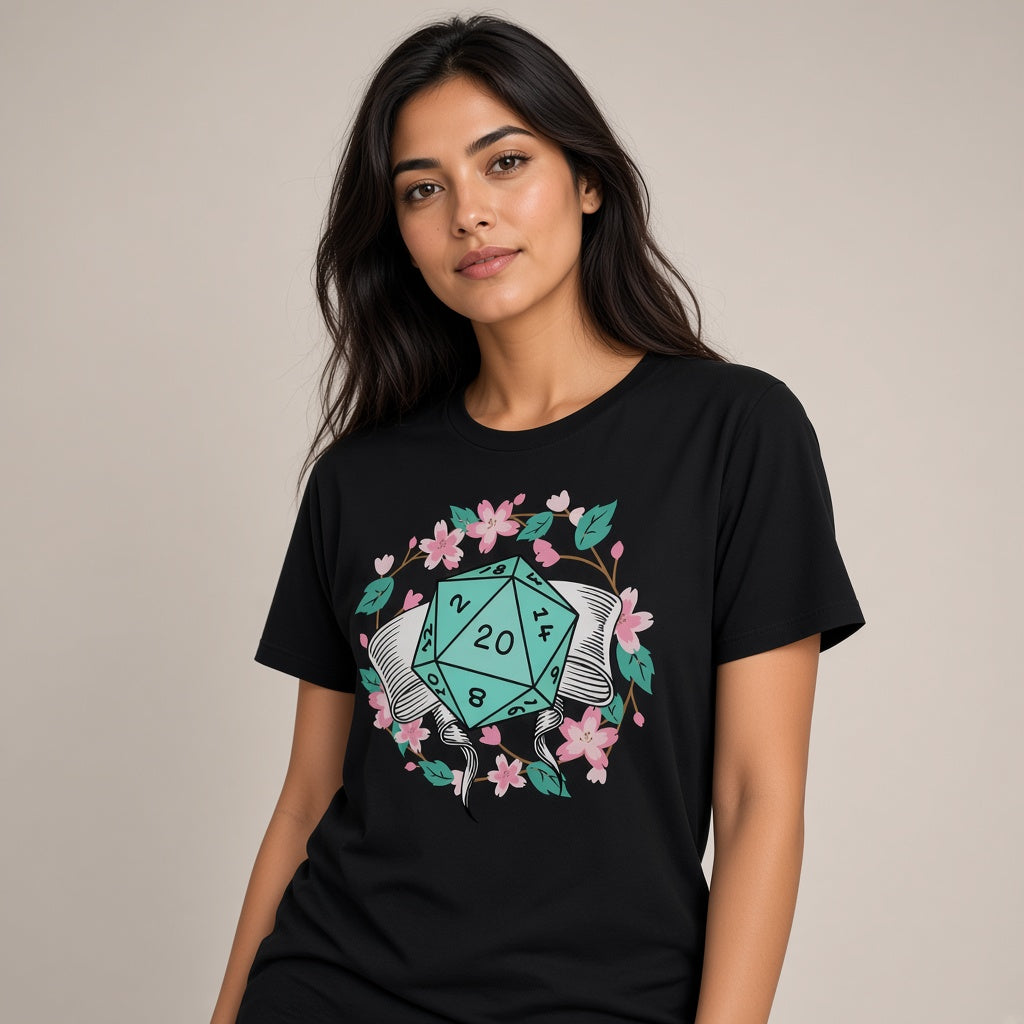 Floral D20 Dice T-Shirt with Cherry Blossoms for RPG