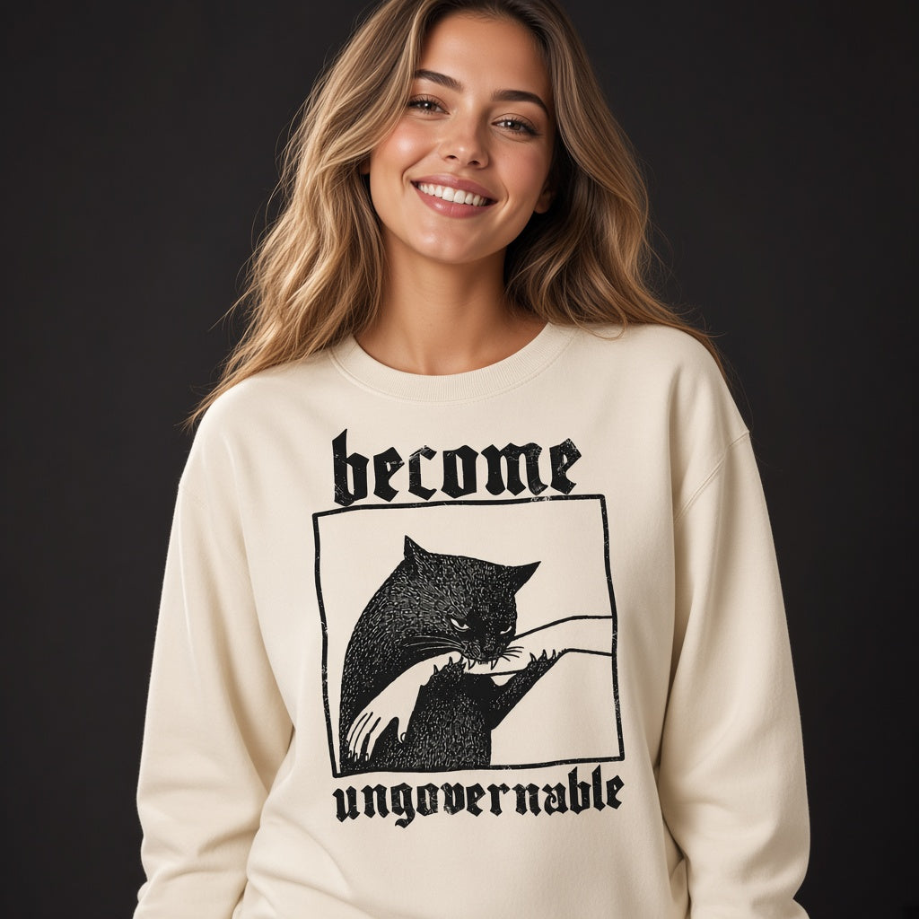 Sweatshirt with a Funny Print Become Ungovernable: Cat Biting a Hand, Vintage Print