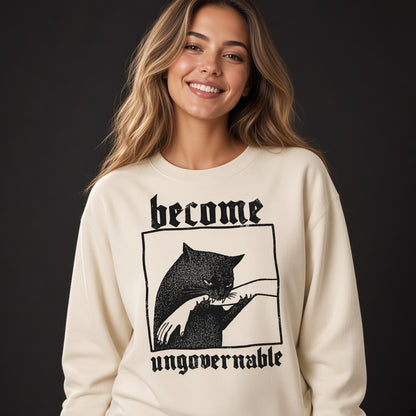Sweatshirt with a Funny Print Become Ungovernable: Cat Biting a Hand, Vintage Print