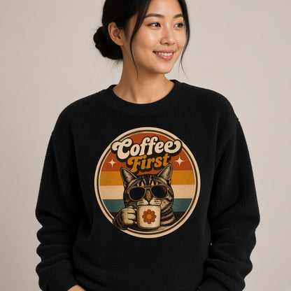 Coffee First Retro Cat Sweatshirt for Coffee Lovers