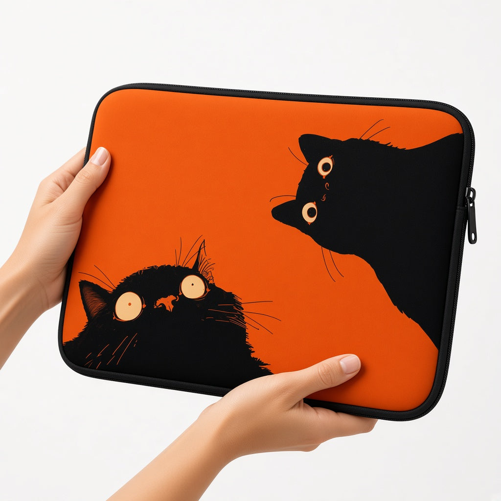 Two Black Cats on a Bright Orange Laptop Sleeve