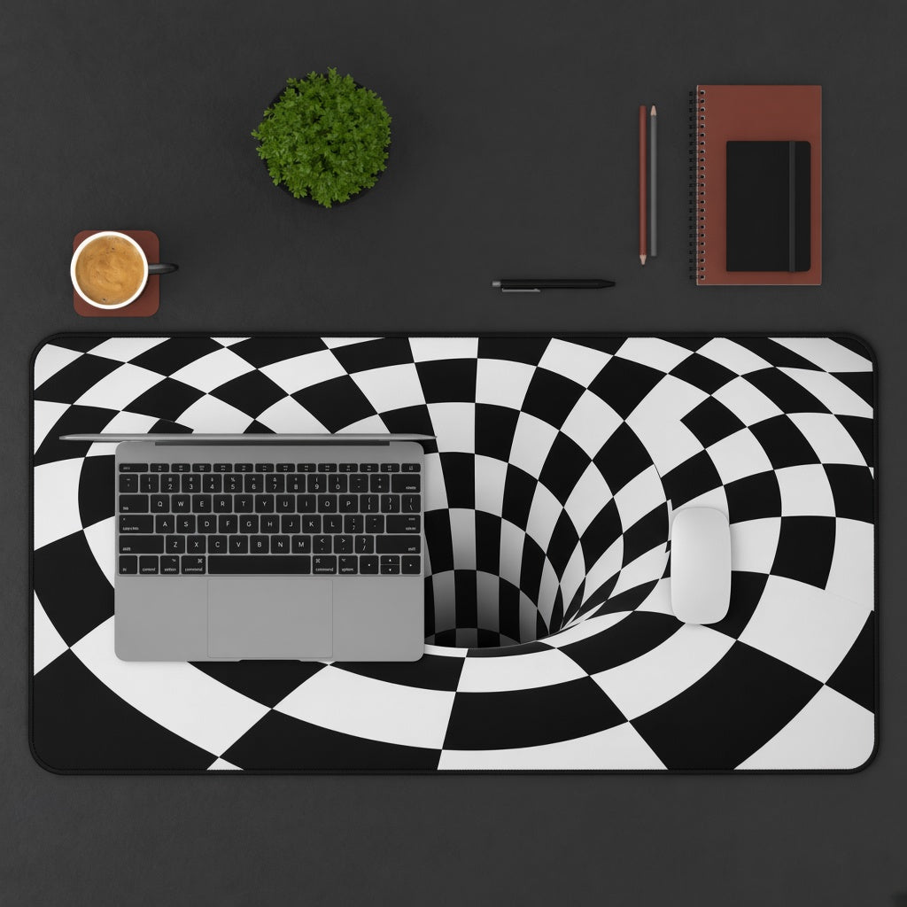 Black and White Checkerboard Tunnel Illusion Desk Mat
