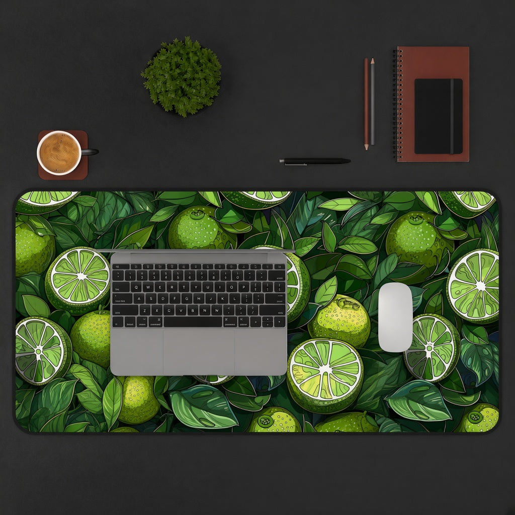Green Lime and Tropical Leaf Illustration Desk Mat
