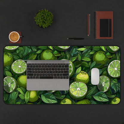 Green Lime and Tropical Leaf Illustration Desk Mat