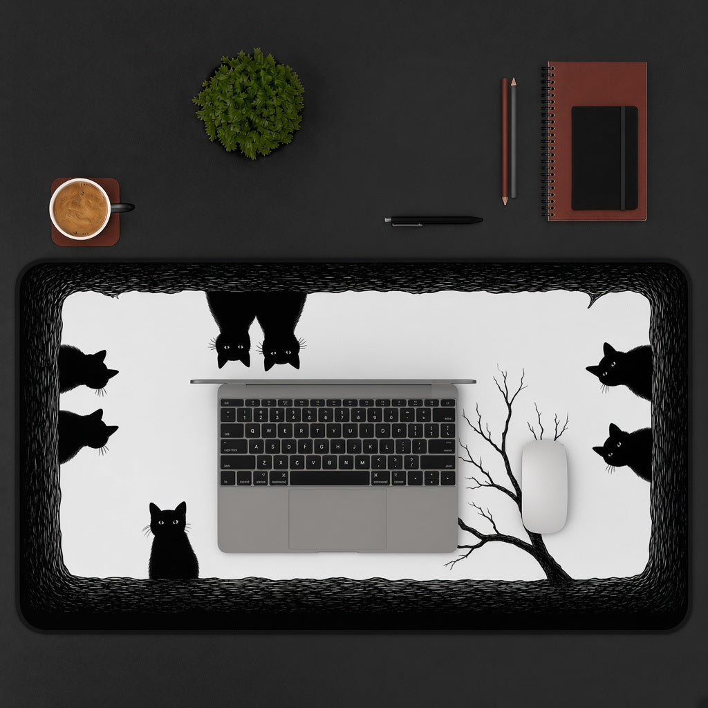 Black Cats in a Hollow Tree Desk Mat