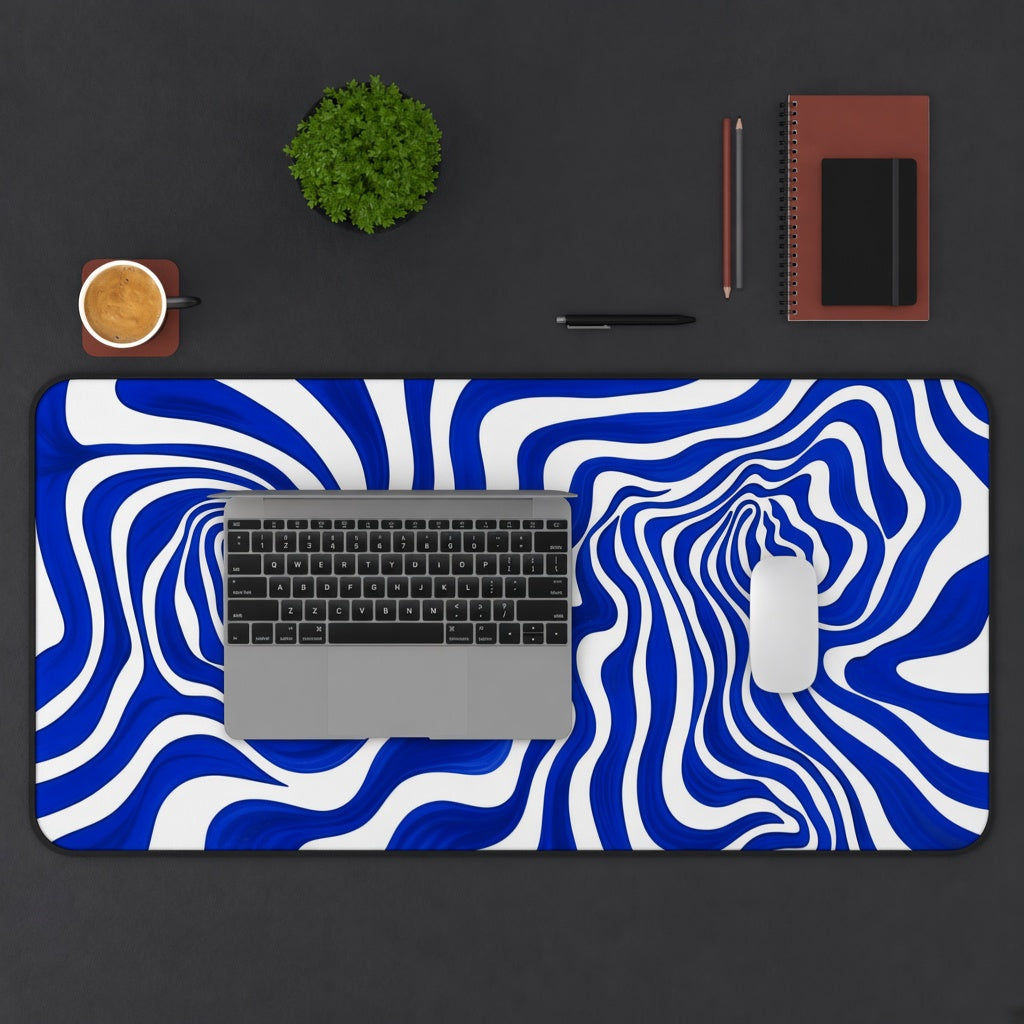 Blue and White Liquid Swirl Abstract Desk Mat