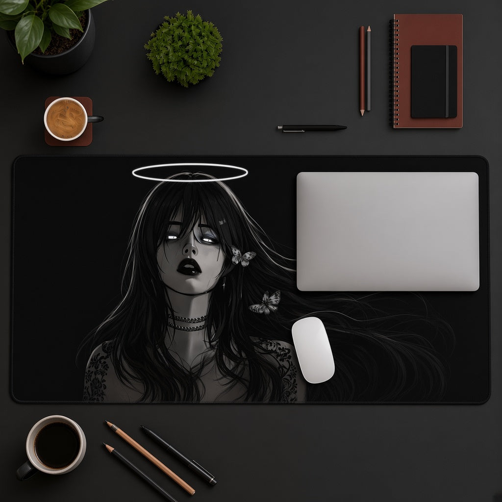 Gothic Anime Girl with a White Halo Desk Mat