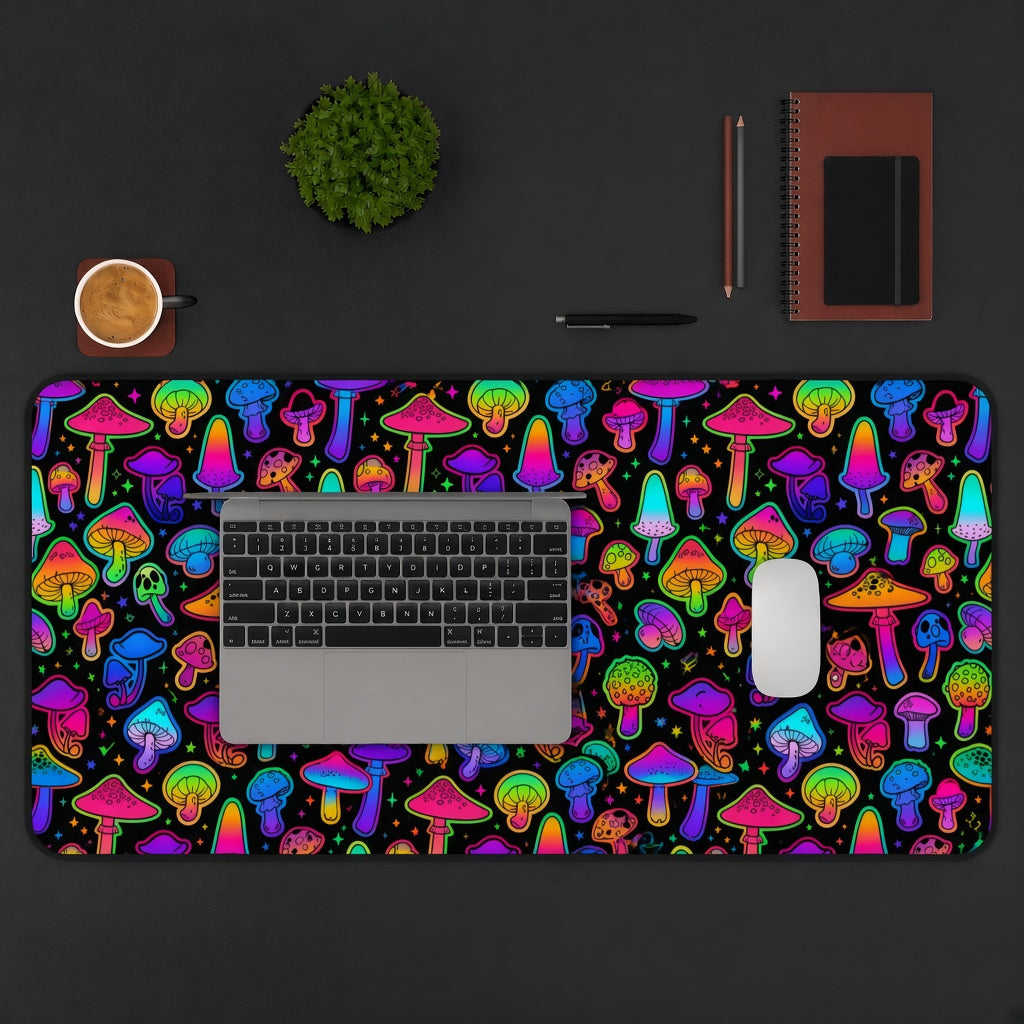 Colorful Neon Rainbow Mushroom Pattern Desk Mat