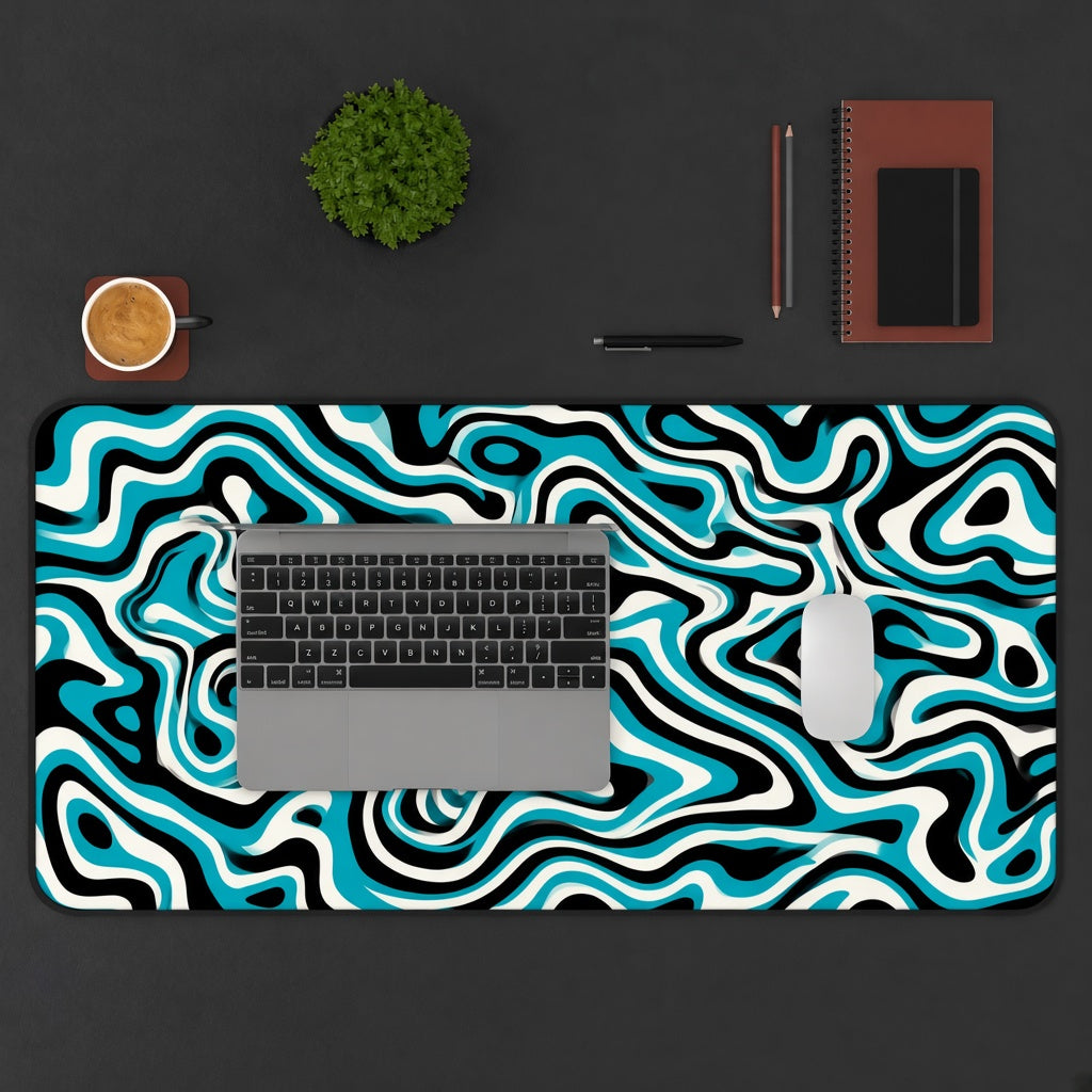 Teal Black and Cream Liquid Wave Abstract Desk Mat