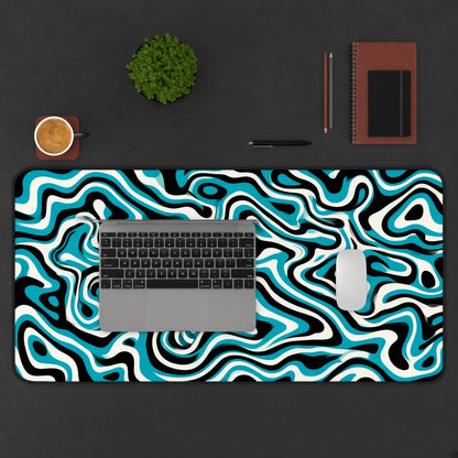 Teal Black and Cream Liquid Wave Abstract Desk Mat