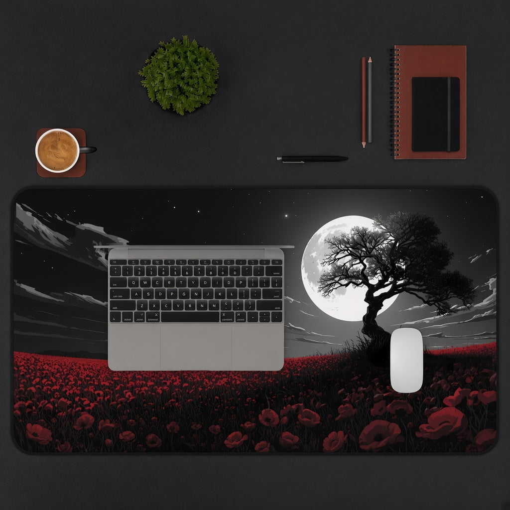 Lone Tree and Red Flowers under a Full Moon Desk Mat