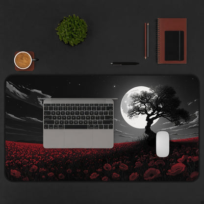 Lone Tree and Red Flowers under a Full Moon Desk Mat